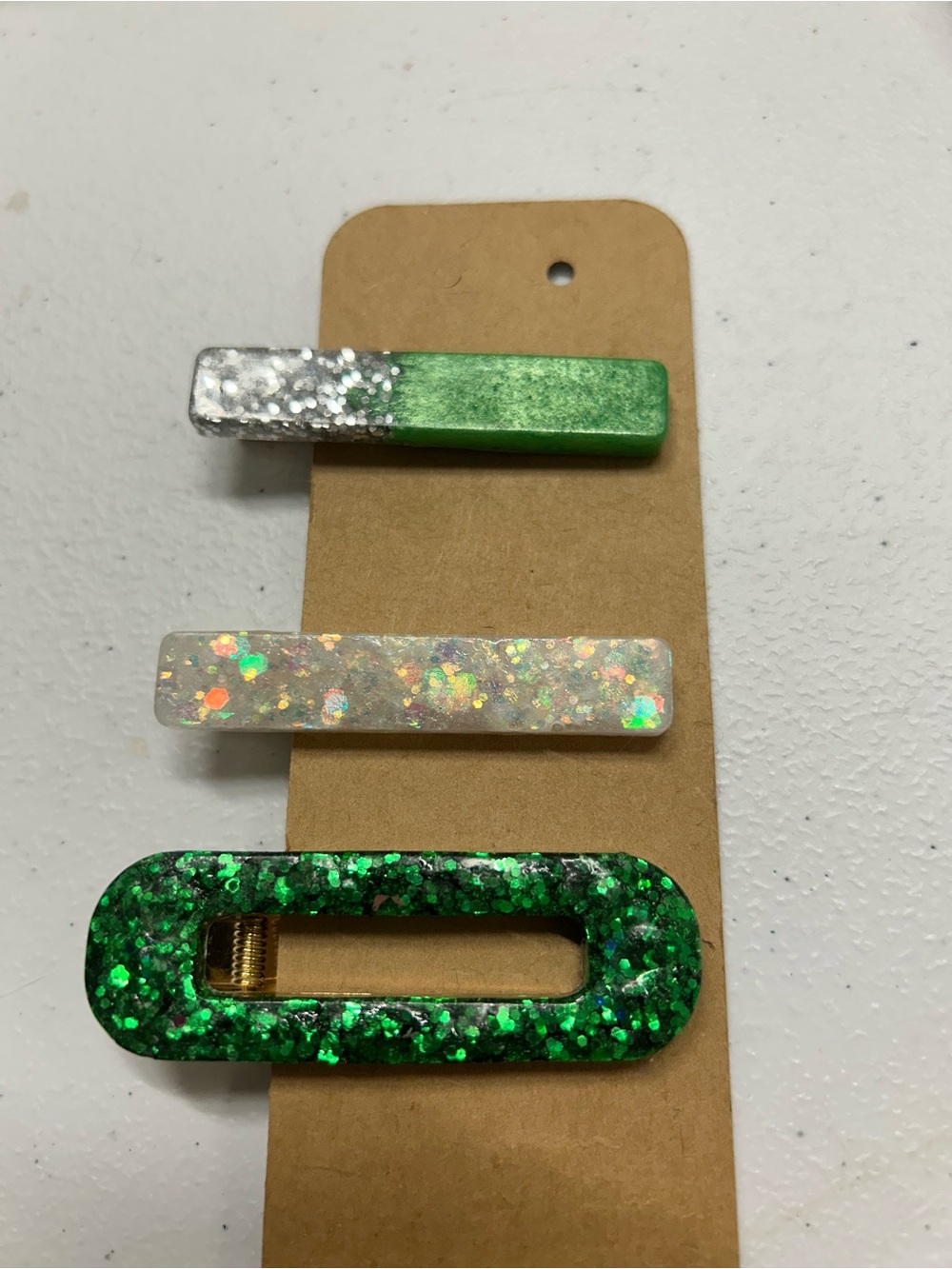 Hand Crafted Green and Silver Glitter Hair Clip Set